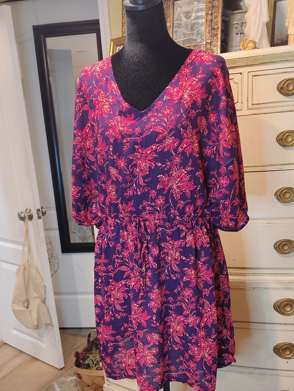 Lands' End 100% Modal Purple Mini Dress with Pink Floral Print